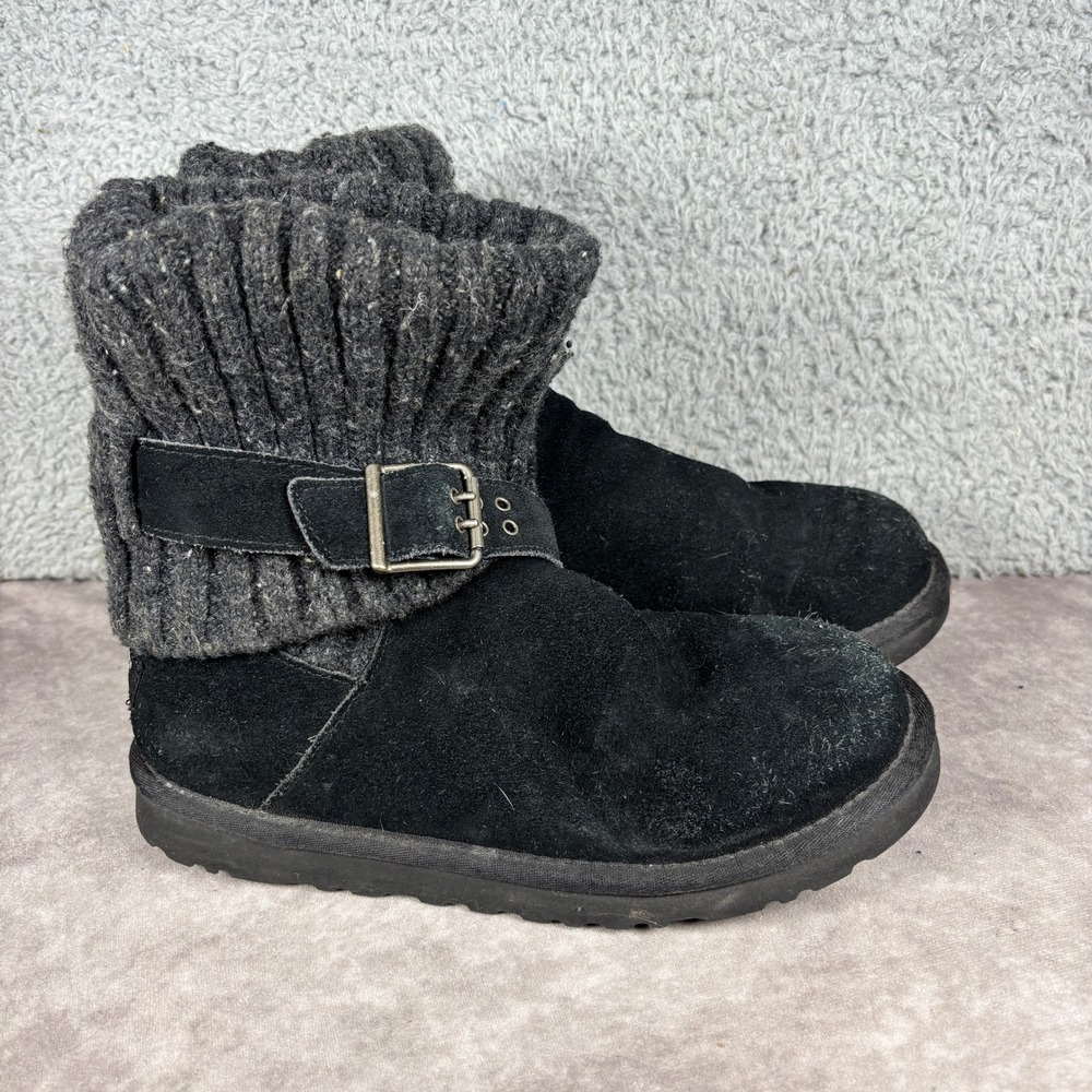UGG Australia Boots Womens 7 Black 1003175 Knit Cuff Buckle Suede Mid Calf Moto